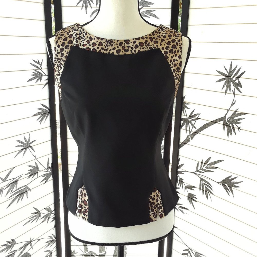 Vintage 1990s Dawn Joy Button Back Leopard Trim Sleeveless Blouse Size S/M